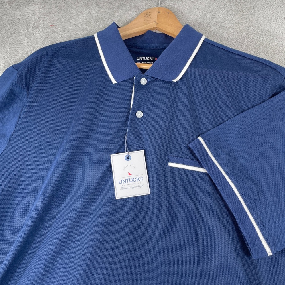 UNTUCKit Caesar Polo Mens 2XL Navy Blue Tipped Regular Fit Performance Shirt